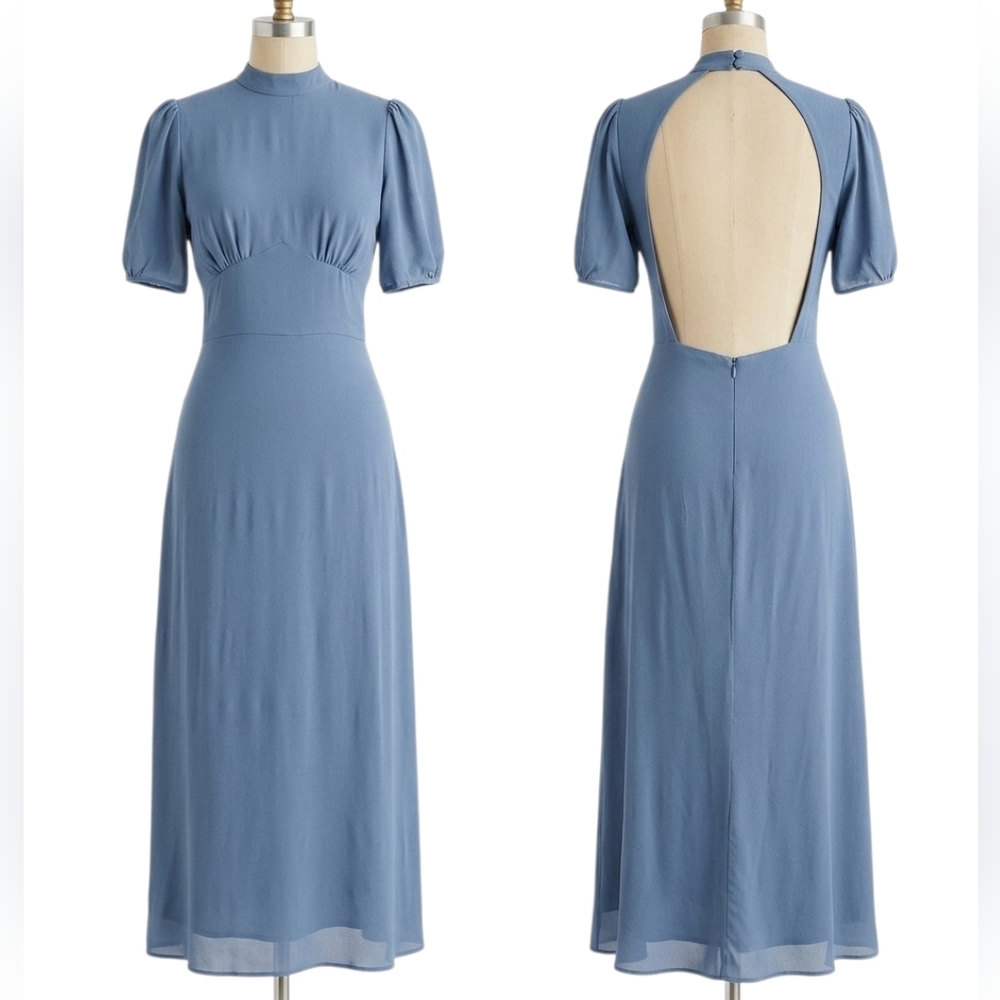 Reformation Dusk Dress Morning Glory Blue Backless Puff Sleeve Midi Wedding Sz 2